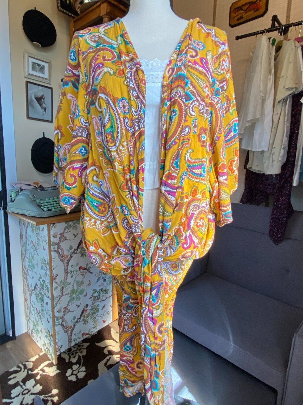 Terra & Sky Mustard Yellow Paisley Open Front Kimono Cardigan Boho 2X (20W-22W)